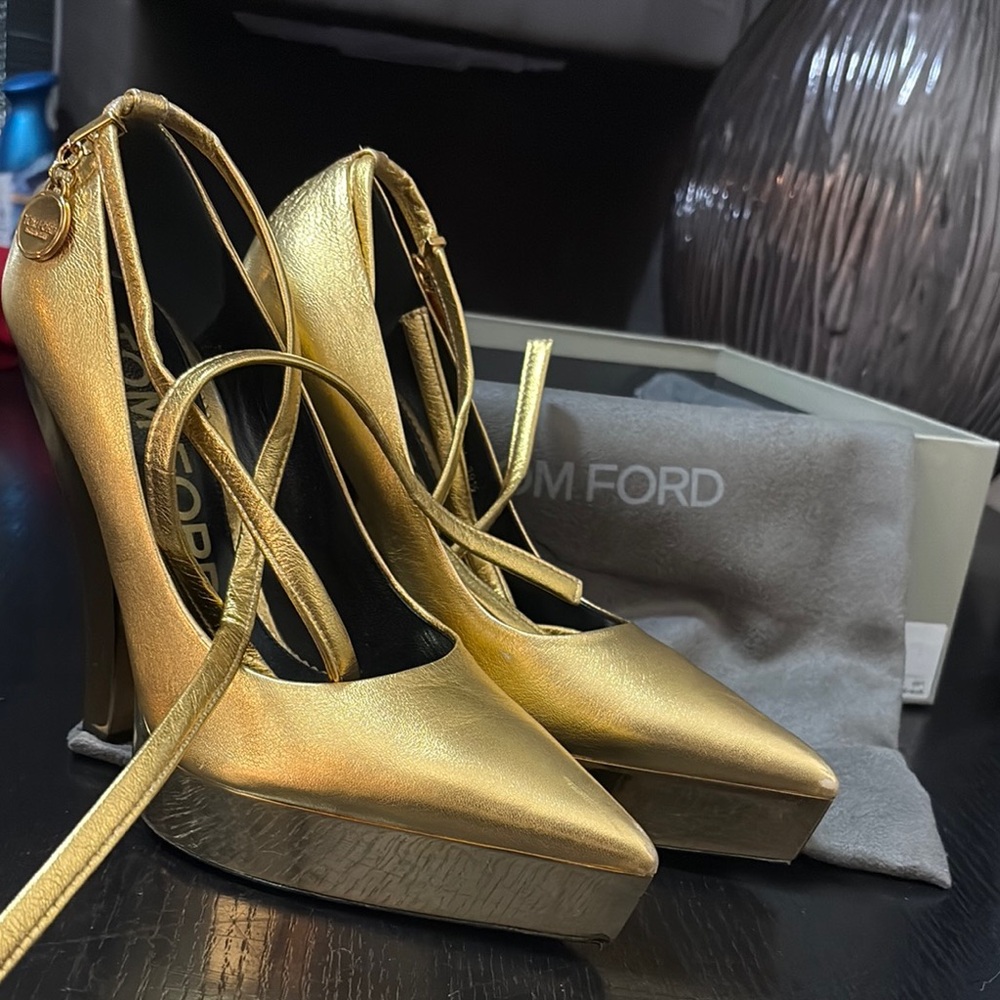Tom Ford Gold Metallic Heels with Ankle Strap